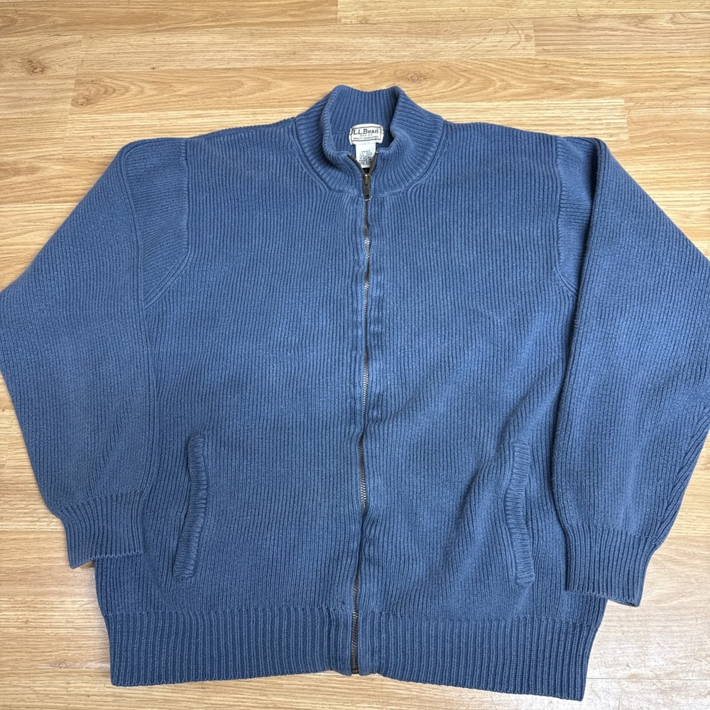 L.L. Bean Men's Size Large-Reg‎ Full Zip Sweater Cardigan Blue  100% Cotton Knit